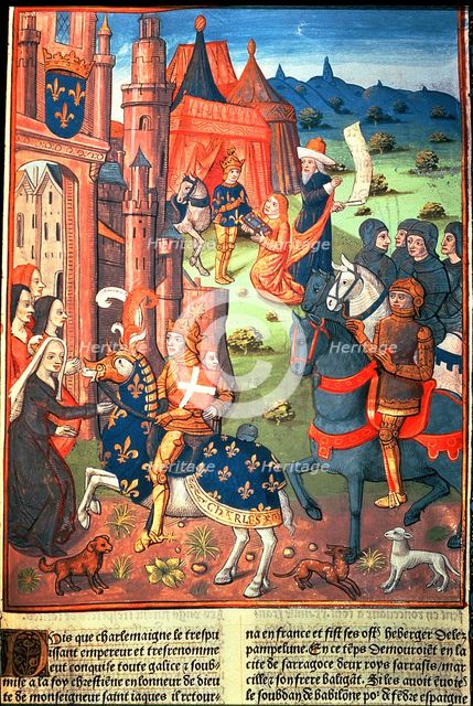 Charlemagne with paladins, knights of the king's entourage, Miniature in 'Chroniques de France', …