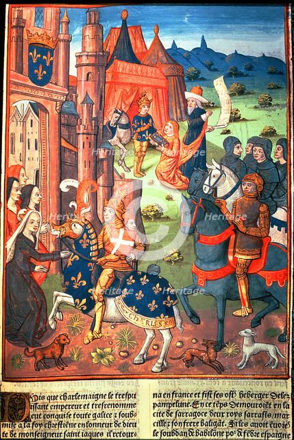 Charlemagne with paladins, knights of the king's entourage, Miniature in 'Chroniques de France', …