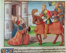 Charlemagne visiting Rome, miniature in the incunable Ogier le Danois printed by A. Verard, Pa…