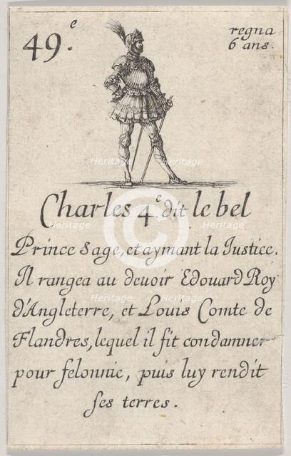 Charles 4.e- dit le bel / Prince sage..., from 'Game of the Kings of France' (Jeu des Rois..., 1644. Creator: Stefano della Bella.