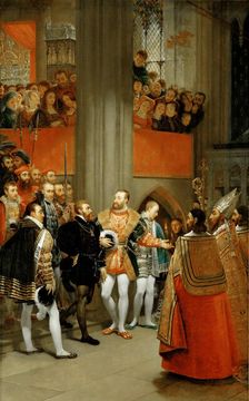 Charles V received by Francois I to the Abbey of Saint Denis, c. 1811. Creator: Gros, Antoine Jean, Baron (1771-1835)