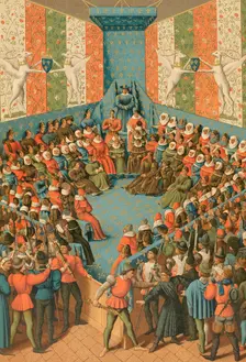 Charles VII presiding over the judgment of John II of Alençon at the Château de Vendome 1458 (1877). Creator: Unknown