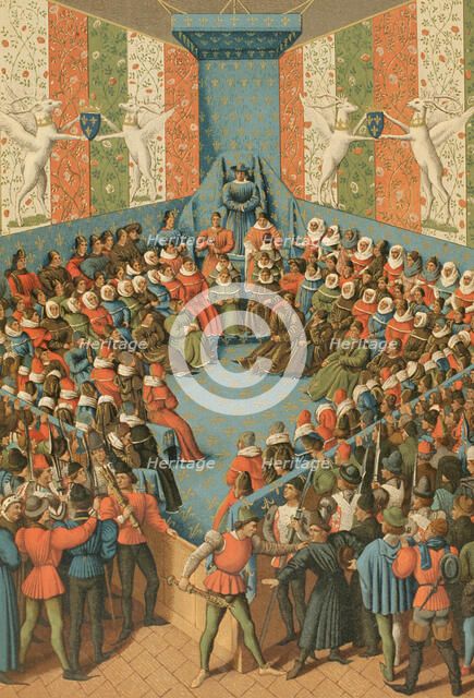 Charles VII presiding over the judgment of John II of Alençon at the Château de Vendome 1458 (1877). Creator: Unknown.