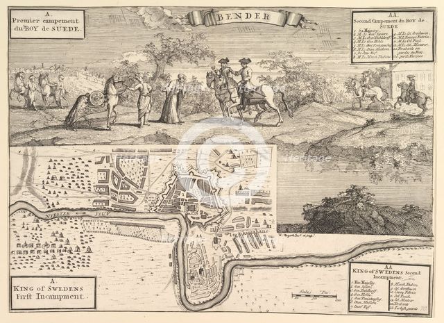 Charles XII at Bender (Aubry de La Mottraye's "Travels throughout Europe, Asia and into..., 1723-24. Creator: William Hogarth.
