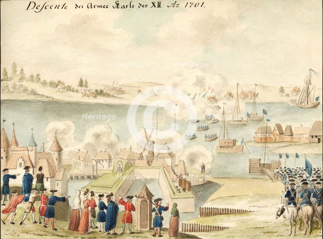 Charles XII is crossing the Düna 1701, 1770-1780s. Artist: Brotze, Johann Christoph (1742-1823)