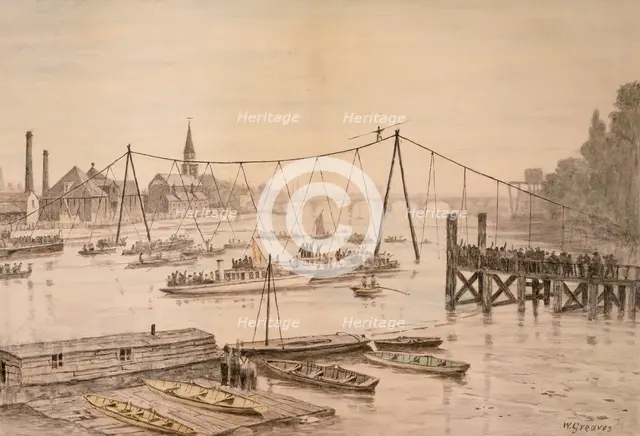 Charles Blondin crossing the Thames on a tightrope, London, before 1897.  Creator: Walter Greaves.