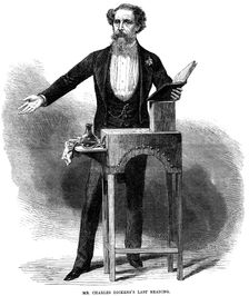 Charles Dickens (1812-70) giving his last public reading at St James's Hall, London, 5 March 1870