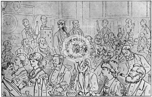 Charles Dickens presiding at the Newsvendors' Dinner, 5th April 1870 (1912). Artist: Unknown