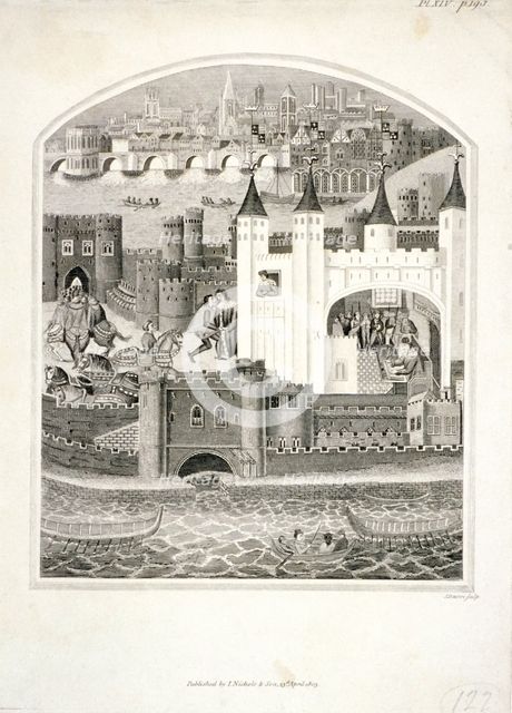 Charles duc d'Orleans imprisoned in the Tower of London with London Bridge in the background, 1803. Artist: James Basire II