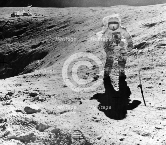 Charles Duke collecting samples at the Descartes landing site during the Apollo 16 mission, 1972. Artist: John Watts Young