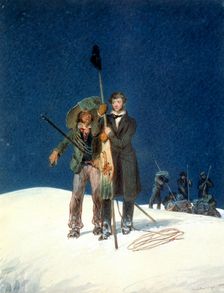 Charles Fellows with William Hawes, plants a baton on the summit of Mont Blanc, 1827. Artist: WS Hastings