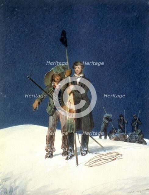 Charles Fellows with William Hawes, plants a baton on the summit of Mont Blanc, 1827. Artist: WS Hastings