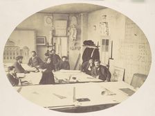 [Charles Garnier in the Drafting Room While Designing the New Paris Opera], ca. 1870. Creator: Louis-Emile Durandelle