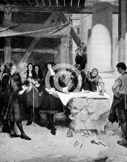 Charles II visiting Sir Christopher Wren during the building of St Paul's Cathedral, London, 1909.Artist: John Seymour Lucas