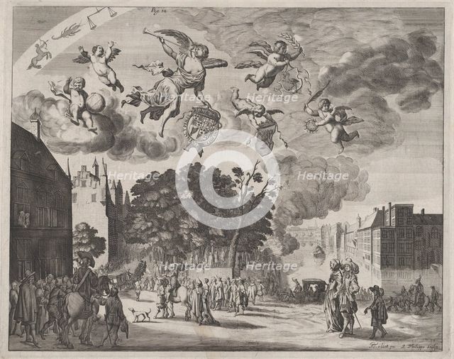 Charles II entering The Hague in a carriage with the Mauritshuis on the right; from 'Verha..., 1660. Creator: Pieter Philippe.