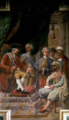 Charles III on his throne discusses with the North African envoy the conditions of a peace and c…