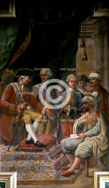 Charles III on his throne discusses with the North African envoy the conditions of a peace  and c…