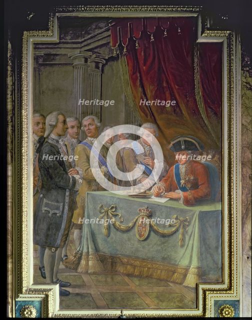 Charles III signing the decree authorizing trading with the Philippines and Asia.