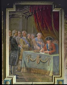 Charles III signing the decree authorizing trading with the Philippines and Asia