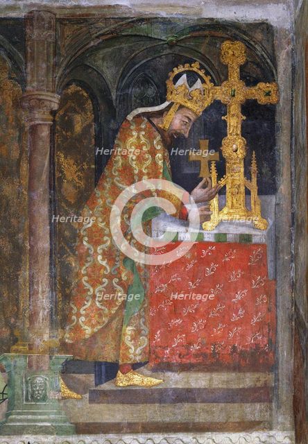 Charles IV places a splinter of the Holy Cross in a reliquary, c. 1360.
