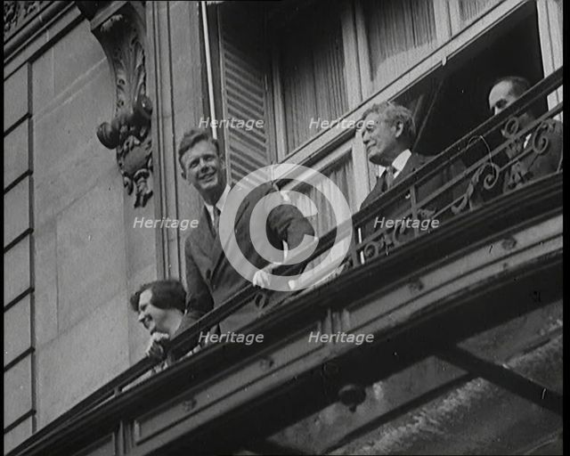 Charles Lindbergh and Anne Morrow Lindbergh On a Balcony Waving To the Press and Crowds, 1927. Creator: British Pathe Ltd.