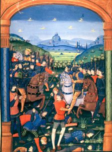 Charles Martel commanding the army in the Battle of Vincy (1714), Rangefredo troops are defeated …