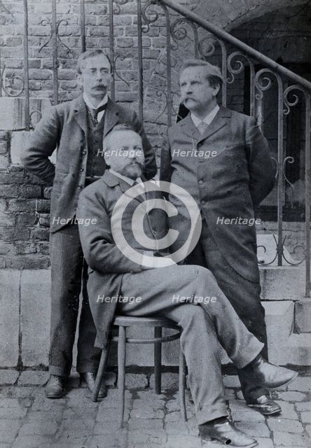 Charles Sherrington (left), Leon Fredericq (seated) and Paul Grützner (right) outside the...(1940?). Creator: Unknown.