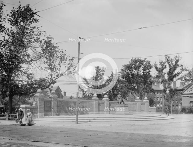 Charles Sumner statue at entrance to subway, Harvard Square, Cambridge, Mass., between 1900 and 1920 Creator: Unknown.