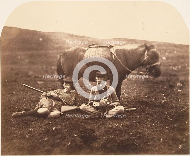 Charlie and Peel Ross with Horse after a Hunt, ca. 1856-59. Creator: Horatio Ross.