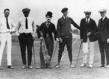 Charlie Chaplin with five members of the Chicago Golf Club, Pasadena, USA, c1920s(?)
