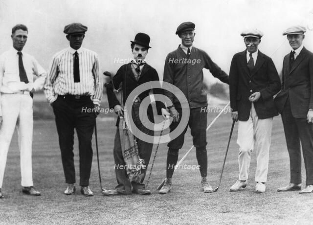 Charlie Chaplin with five members of the Chicago Golf Club, Pasadena, USA, c1920s(?). Artist: Unknown