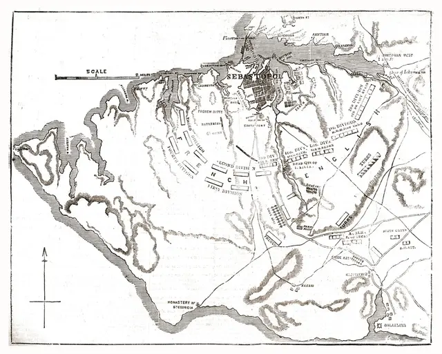 'Chart showing the relative positions of the batteries and Allied Forces around Sebastopol', 1854. Creator: Unknown.