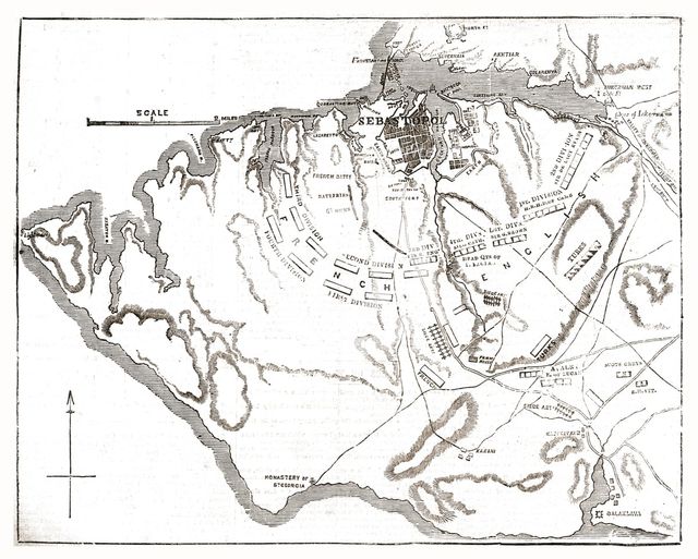 'Chart showing the relative positions of the batteries and Allied Forces around Sebastopol', 1854. Creator: Unknown.