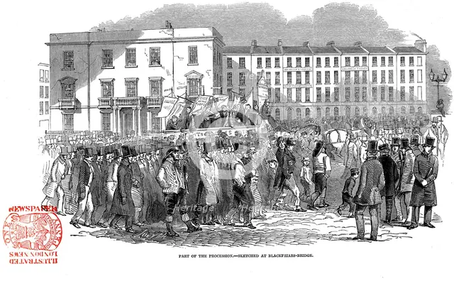 Chartists procession from the mass meeting towards Blackfriars Bridge, London, 10 April 1848. Artist: Unknown