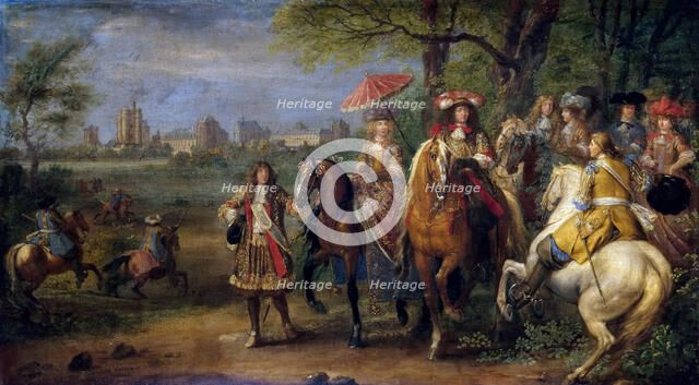Chateau de Vincennes with Louis XIV and Marie Therese with their Court in 1669. Artist: Meulen, Adam Frans, van der (1632-1690)