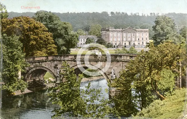 Chatsworth House and bridge over the River Derwent, Derbyshire, c1910. Creator: Unknown.