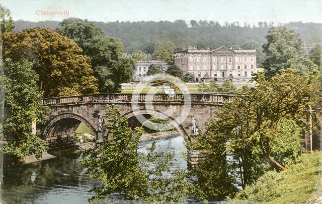 Chatsworth House and bridge over the River Derwent, Derbyshire, c1910. Creator: Unknown.