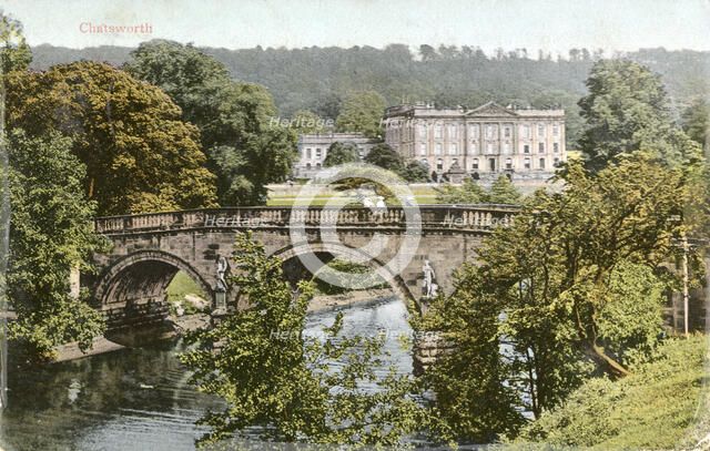 Chatsworth House and bridge over the River Derwent, Derbyshire, c1910. Artist: Unknown