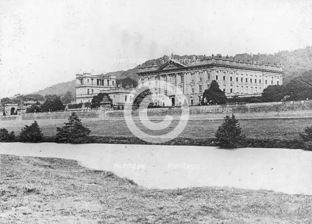 Chatsworth House from across the River Derwent, Derbyshire, late 19th or early 20th century. Artist: Unknown