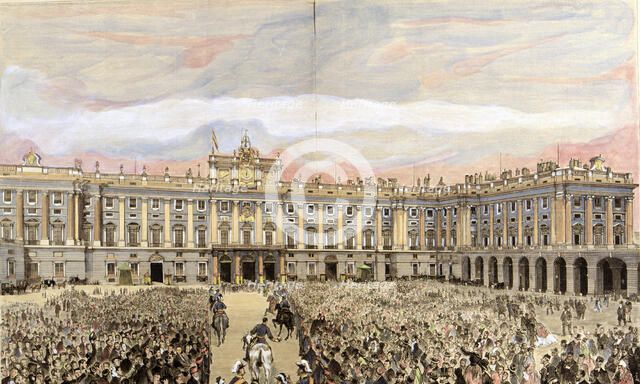 Check the king in the Royal Palace of Madrid', Alfonso XII, King of Spain (1857-1885), engraving …