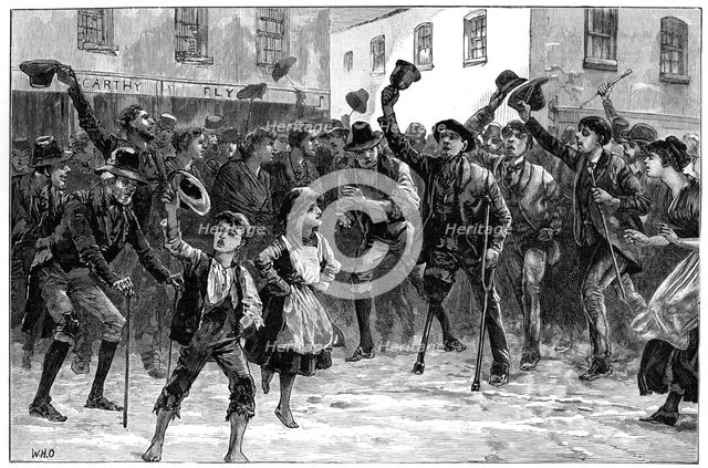 Cheering Lord Randolph Churchill's name on hearing of his resignation, Loughrea, Ireland, 1887. Artist: Unknown