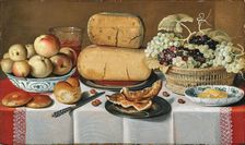 Cheeses on a pewter plate, grapes in a basket, apples in a porcelain Chinese bowl, bread rolls.... Creator: Koets; Roelof; the Elder (1592-1654)