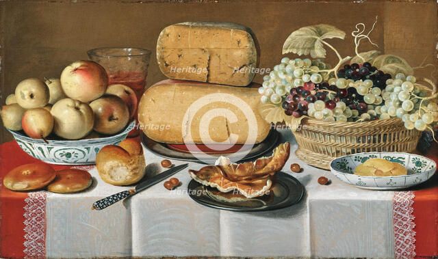 Cheeses on a pewter plate, grapes in a basket, apples in a porcelain Chinese bowl, bread rolls.... Creator: Koets; Roelof; the Elder (1592-1654).