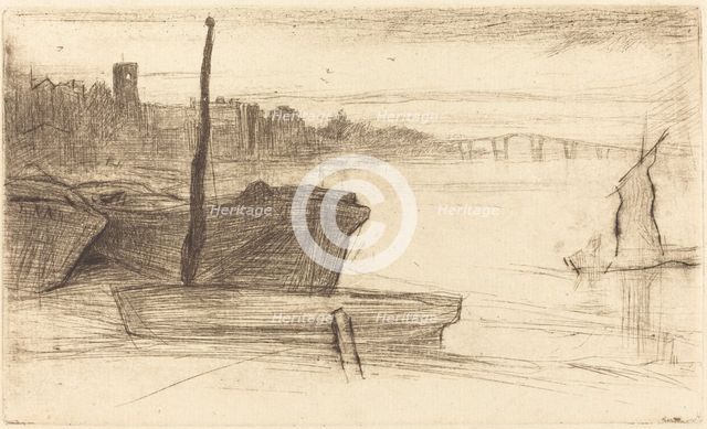 Chelsea Bridge and Church, c. 1870/1871. Creator: James Abbott McNeill Whistler.