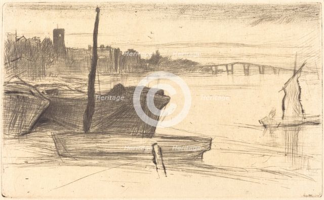 Chelsea Bridge and Church, c. 1870/1871. Creator: James Abbott McNeill Whistler.