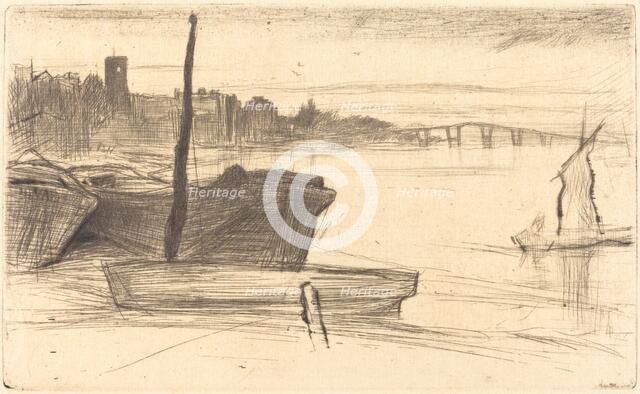 Chelsea Bridge and Church, c. 1870/1871. Creator: James Abbott McNeill Whistler.