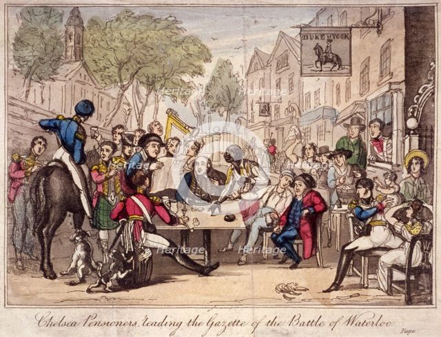 Chelsea Pensioners reading the gazette of the Battle of Waterloo, Chelsea, London, 1815 Artist: Anon