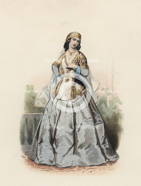 Chemakha woman, color engraving 1870.