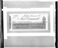 Cheque for £25,000 made payable to British inventor Harry Grindell Matthews, 1915