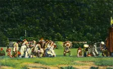 Cherokee Indians in Full Native Costume in one of their Ceremonial Dances - On Cherokee Indian Rese Creator: Unknown